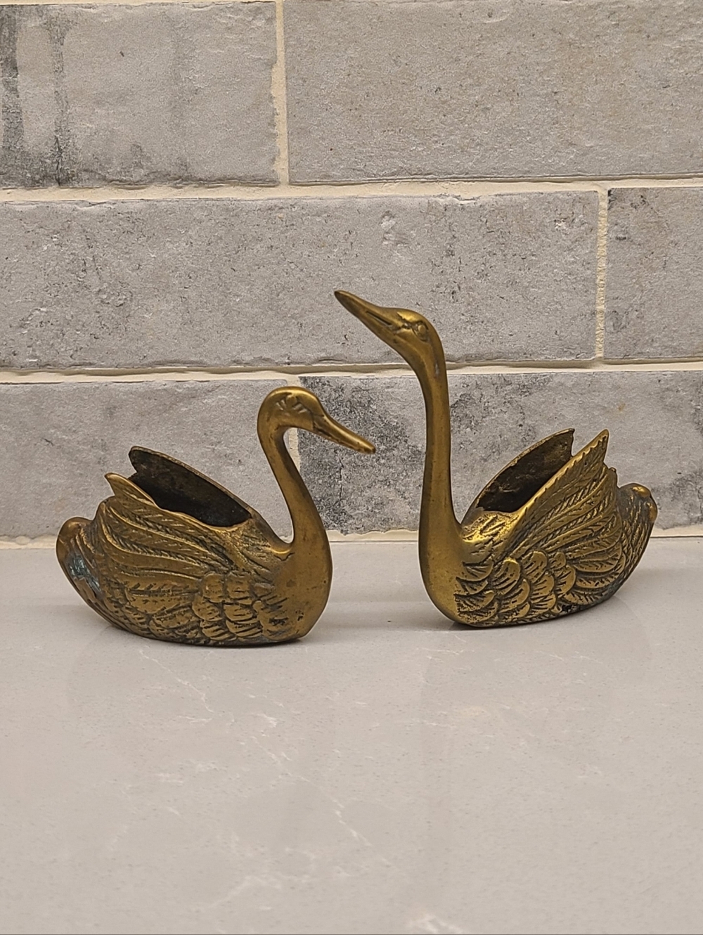 Set of 2 Vintage Mid Century MCM Brass Swan Planters